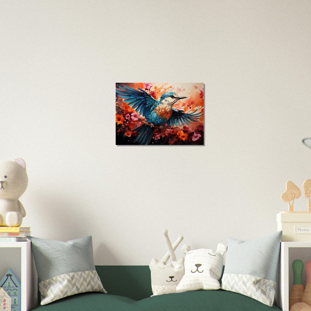 Impression d’affiche d’oiseau de martin-pêcheur. Cadeau d’art d’oiseau volant à l’aquarelle, cadeau pour maman, papa. Art mural animalier floral