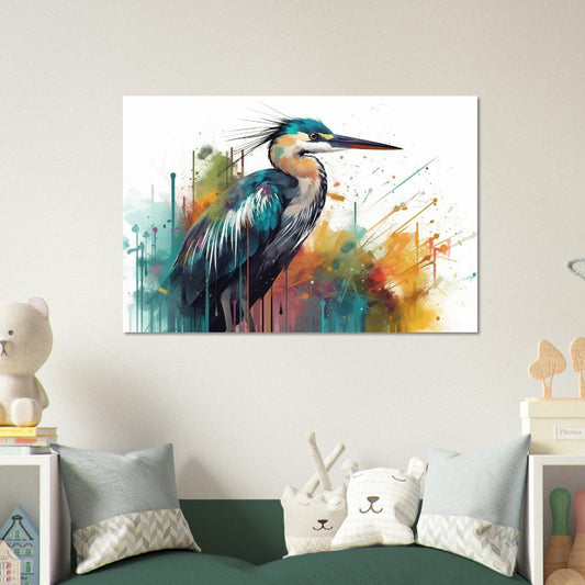 Impression d’affiche de héron coloré. Aquarelle Great Bird Art Gift, cadeau pour maman, papa. Art mural animal arc-en-ciel