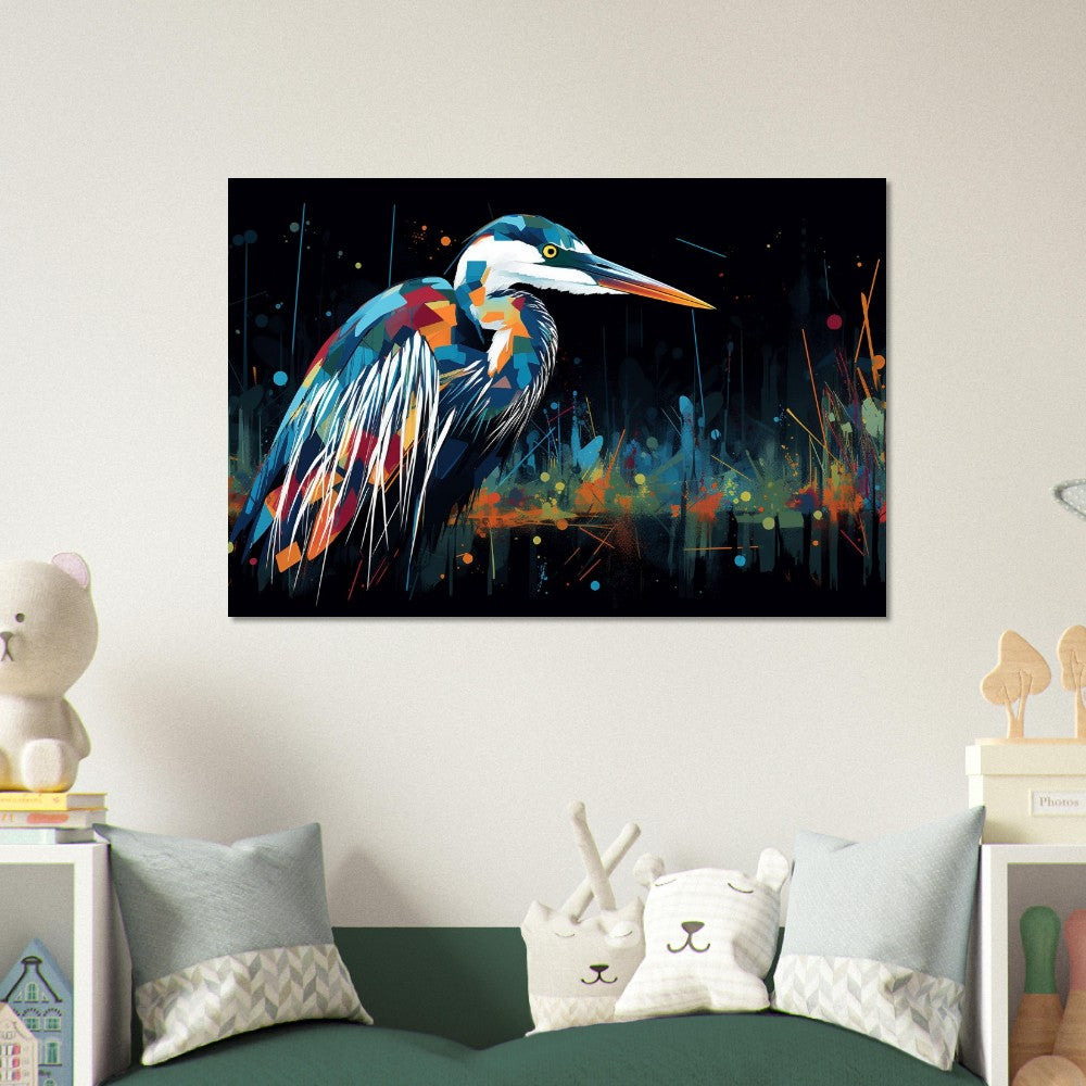 Impression d’affiche de héron coloré. Aquarelle Great Bird Art Gift, cadeau pour maman, papa. Art mural animal arc-en-ciel