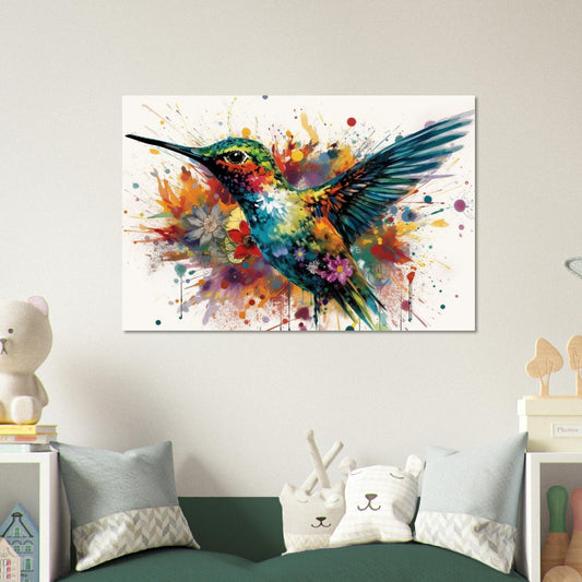 Colorful Vintage Hummingbird Poster Print. Watercolor Cute Bird Art Gift, Present for Mom, Dad. Rainbow Animal Wall Art