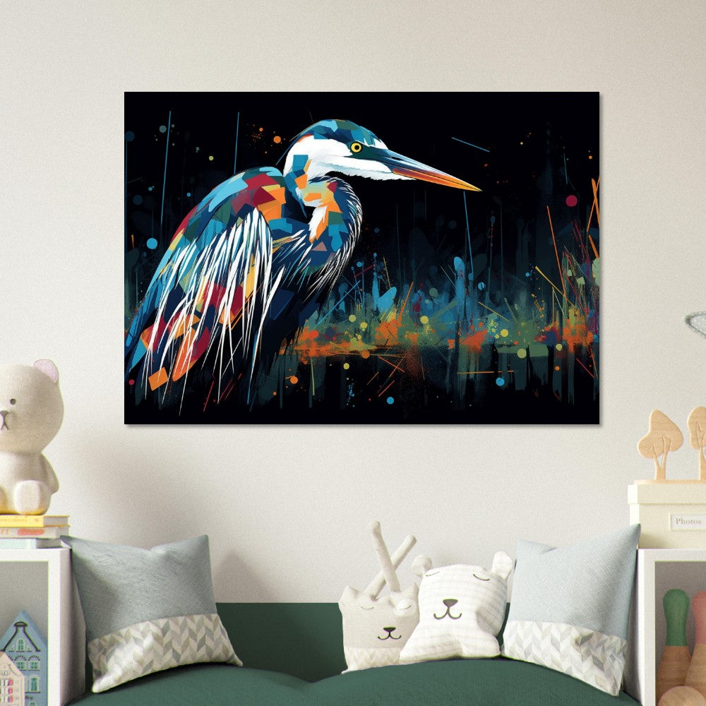 Impression d’affiche de héron coloré. Aquarelle Great Bird Art Gift, cadeau pour maman, papa. Art mural animal arc-en-ciel