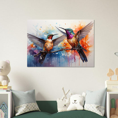 Colorful Hummingbird Poster Print. Two Watercolor Cute Birds Art Gift, Present for Mom, Dad. Rainbow Animal Wall Art