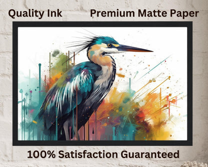 Colorful Heron Poster Print. Watercolor Great Bird Art Gift, Present for Mom, Dad. Rainbow Animal Wall Art