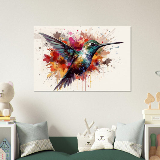 Colorful Vintage Hummingbird Poster Print. Watercolor Cute Bird Art Gift, Present for Mom, Dad. Rainbow Animal Wall Art