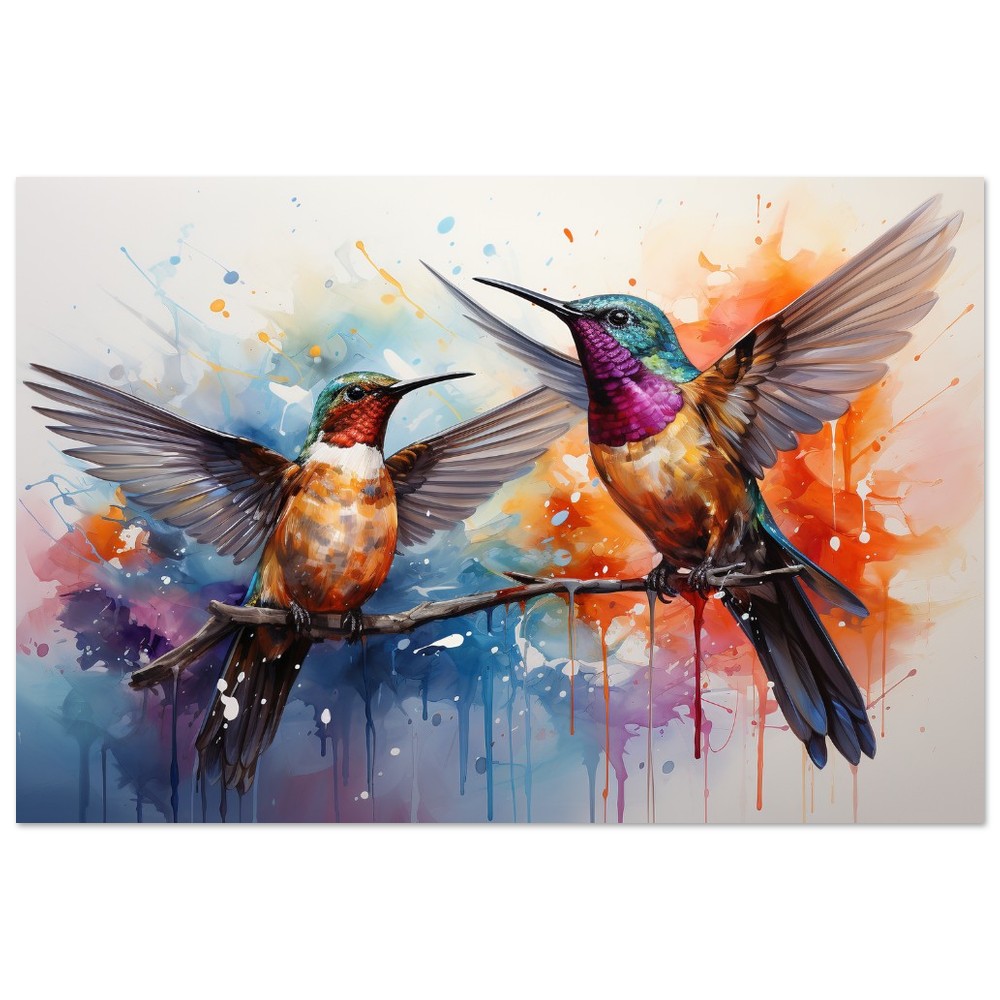 Colorful Hummingbird Poster Print. Two Watercolor Cute Birds Art Gift, Present for Mom, Dad. Rainbow Animal Wall Art