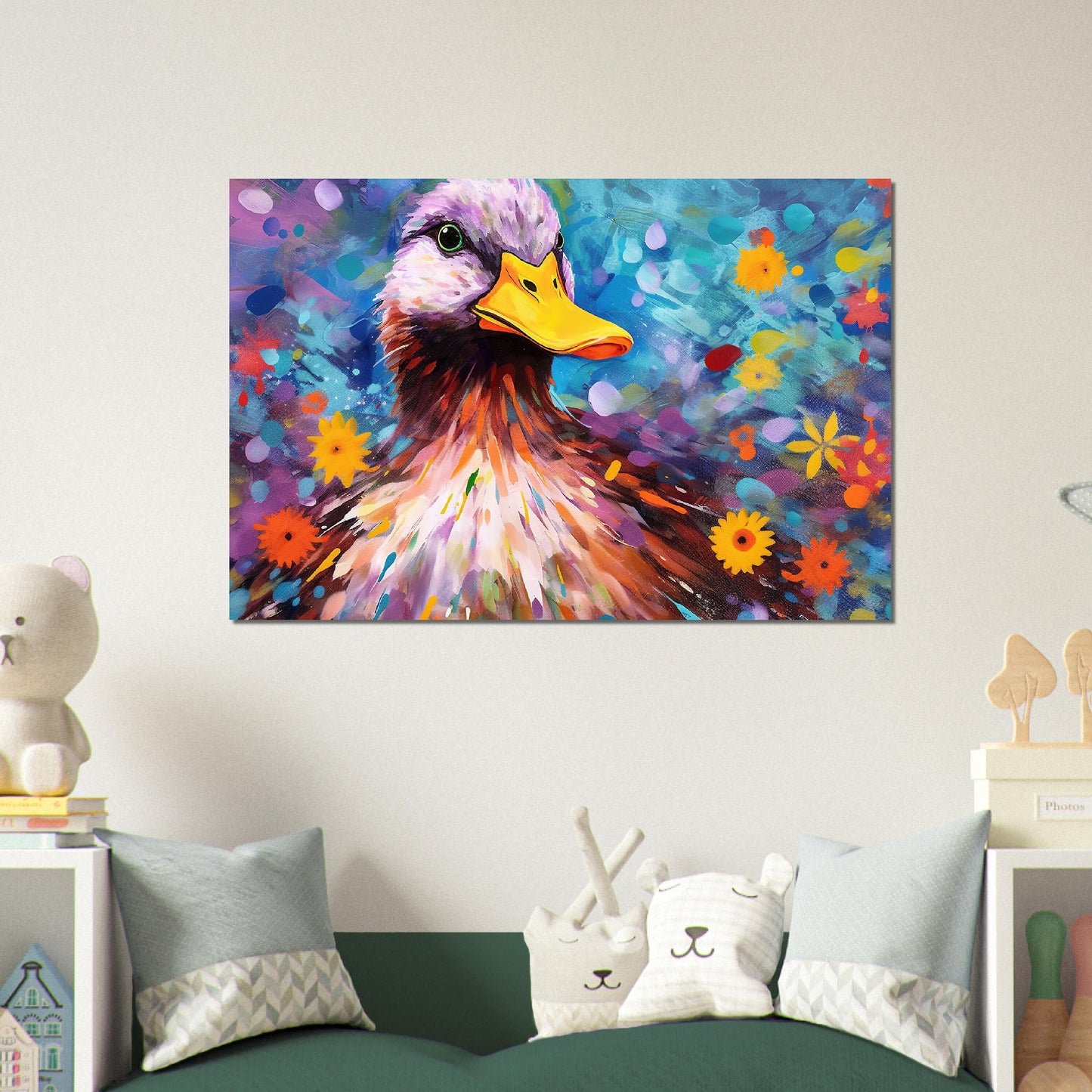 Colorful Duck Poster. Rainbow Animal Wall Art Floral Print. Gift for duck lover, farmer, mom. Nursery Print, Bedroom Bathroom Office Art - CanvasityCrafts - Free Shipping