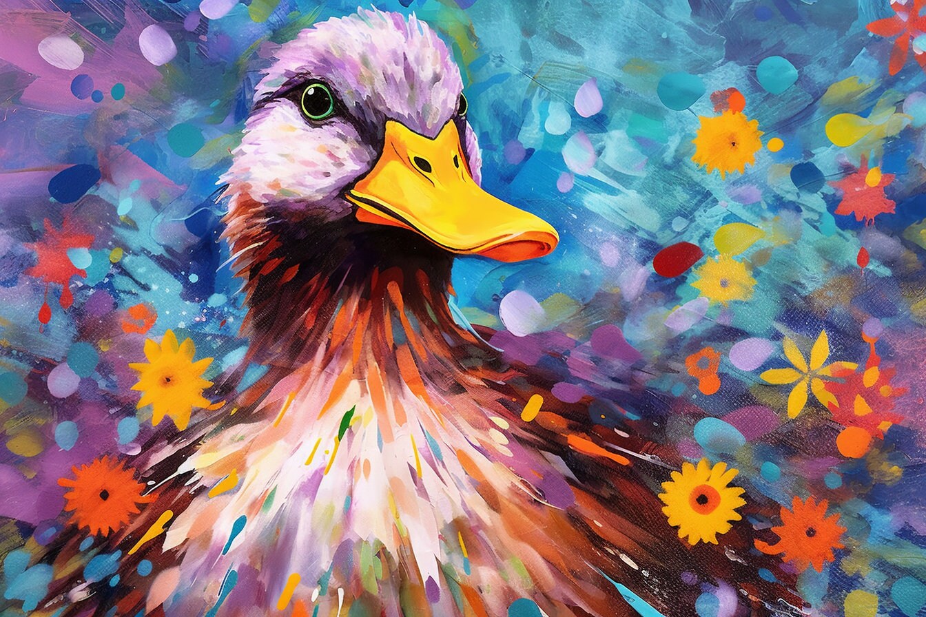 Colorful Duck Poster. Rainbow Animal Wall Art Floral Print. Gift for duck lover, farmer, mom. Nursery Print, Bedroom Bathroom Office Art - CanvasityCrafts - Free Shipping