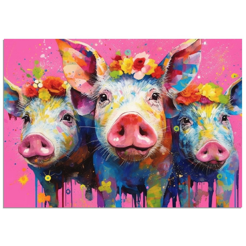 Three Colorful Flower Pigs! Rainbow Animal Wall Art Floral Poster Print. Piglet lover gift, farmer, mom. Nursery Print, Bedroom Bathroom Art - CanvasityCrafts - Free Shipping