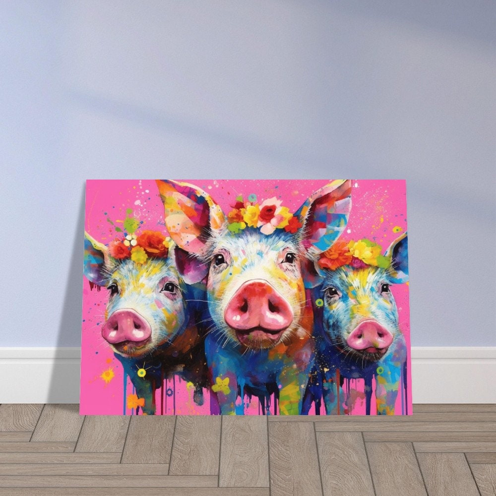 Three Colorful Flower Pigs! Rainbow Animal Wall Art Floral Poster Print. Piglet lover gift, farmer, mom. Nursery Print, Bedroom Bathroom Art - CanvasityCrafts - Free Shipping