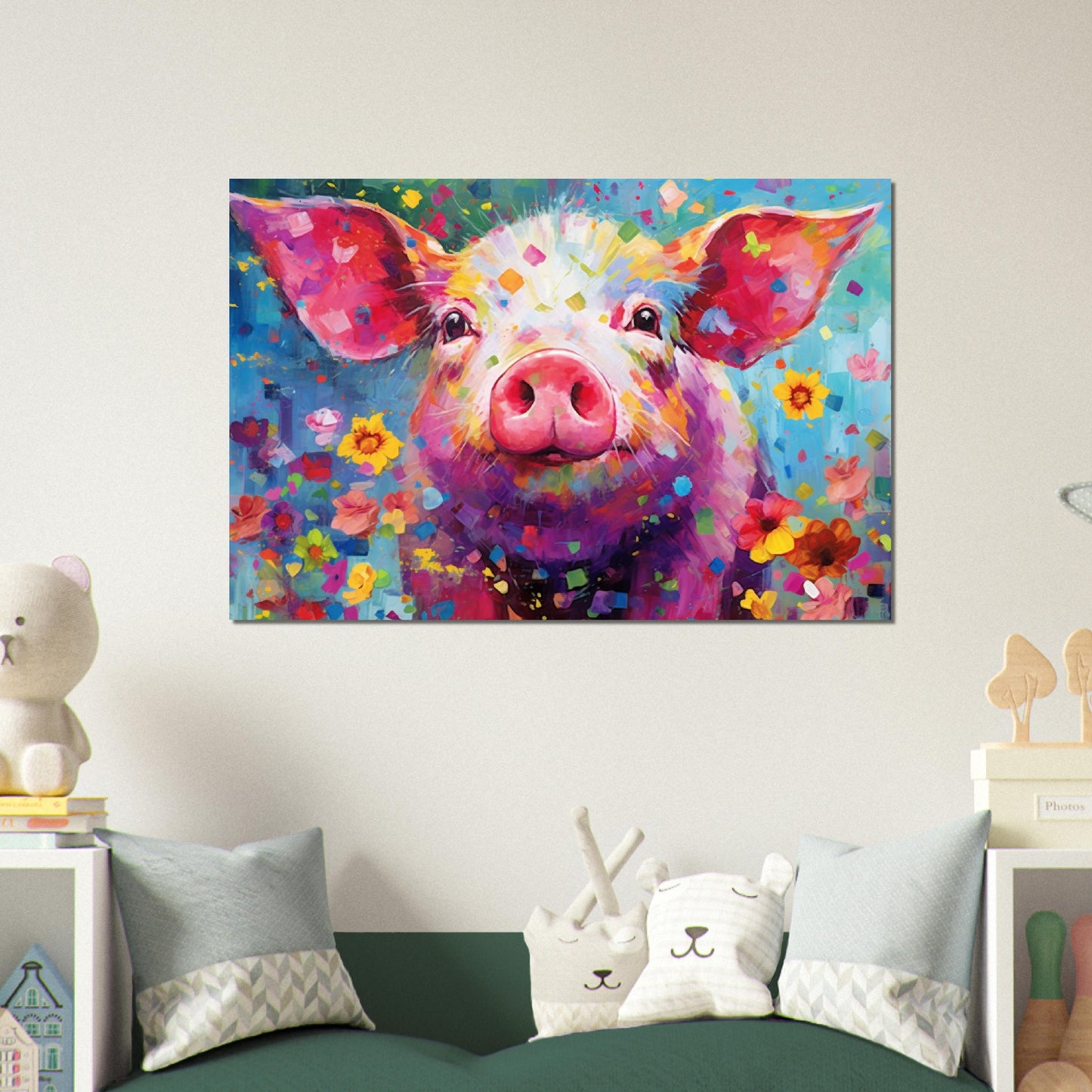 Colorful Pig Poster. Rainbow Animal Wall Art Floral Print. Gift for piglet lover, farmer, mom. Nursery Print, Bedroom Bathroom Office Art - CanvasityCrafts - Free Shipping