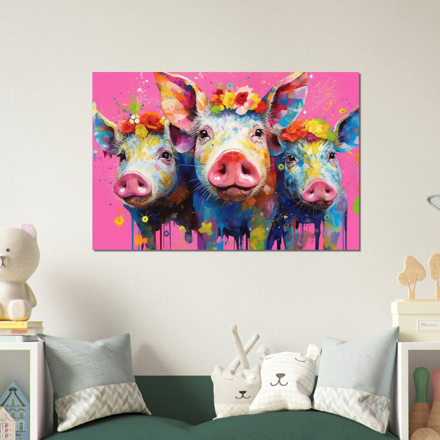 Three Colorful Flower Pigs! Rainbow Animal Wall Art Floral Poster Print. Piglet lover gift, farmer, mom. Nursery Print, Bedroom Bathroom Art - CanvasityCrafts - Free Shipping