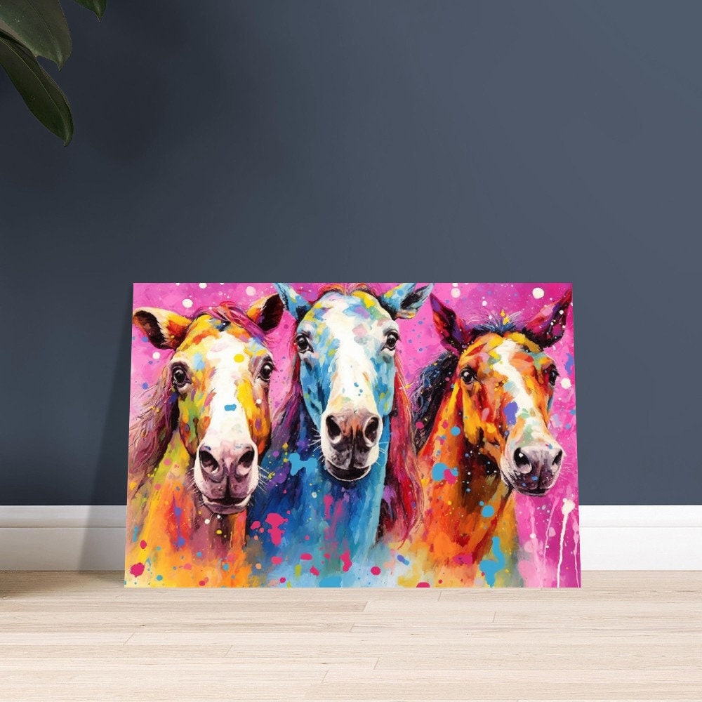 Three Colorful Horses Poster. Colorful Animal Wall Art Print. Gift for horse rider, farmer, mom. Farm Nursery Print - CanvasityCrafts - Free Shipping