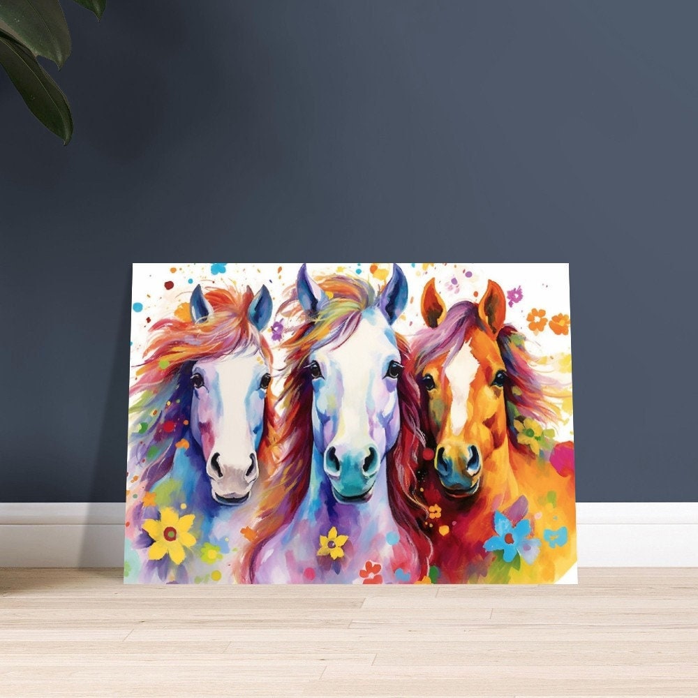 Three Colorful Horses with Flowers Poster. Colorful Animal Wall Art Floral Print. Gift for horse rider, farmer, mom. Farm Nursery Print - CanvasityCrafts - Free Shipping