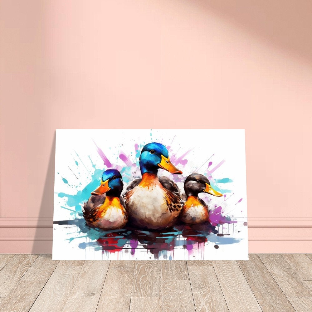 Colorful Mother Duck and Ducklings Poster. Rainbow Animal Wall Art Floral Print. Gift for duck lover, farmer, mom. Bathroom, Office Print - CanvasityCrafts - Free Shipping