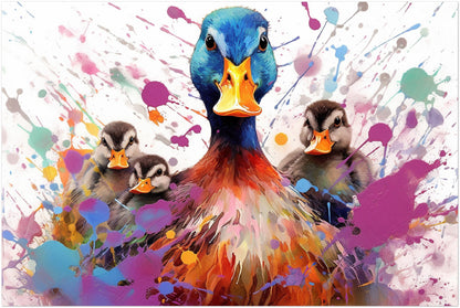 Colorful Mother Duck and Ducklings Poster. Rainbow Animal Wall Art Floral Print. Gift for duck lover, farmer, mom. Bathroom, Office Print - CanvasityCrafts - Free Shipping