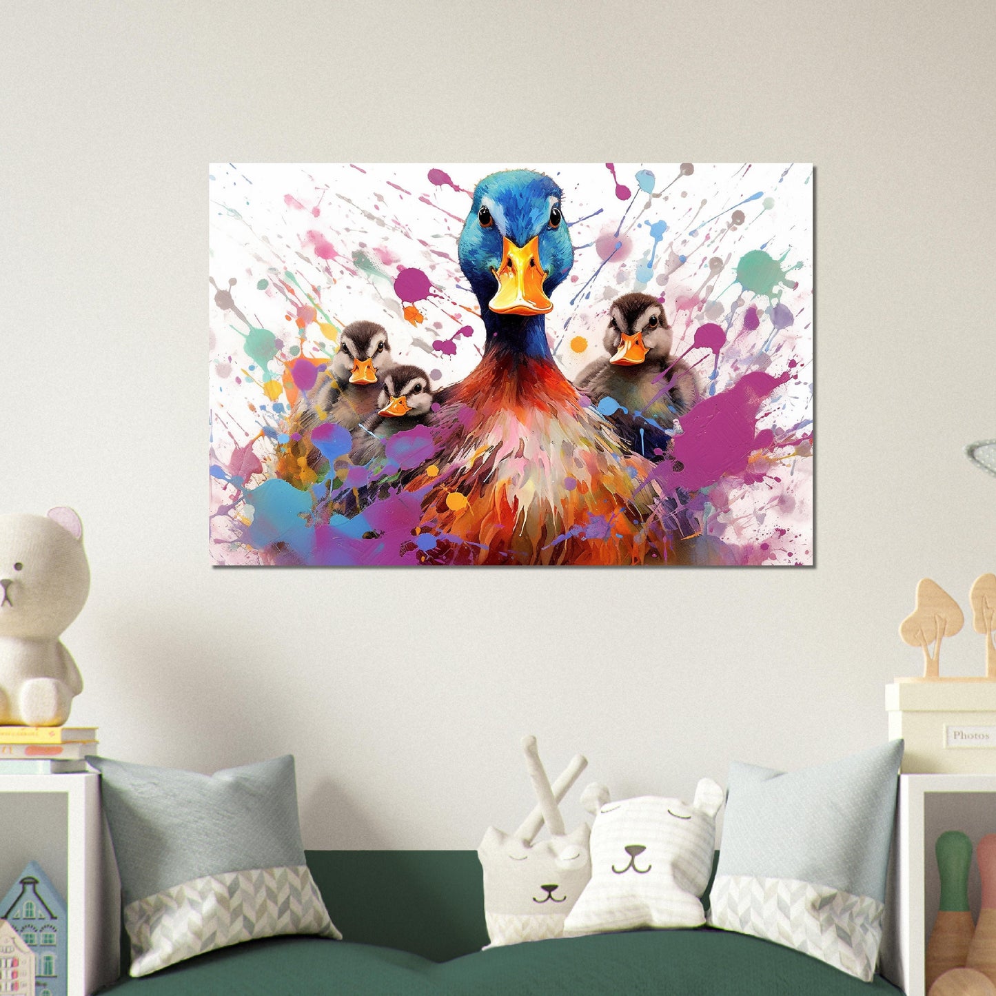 Colorful Mother Duck and Ducklings Poster. Rainbow Animal Wall Art Floral Print. Gift for duck lover, farmer, mom. Bathroom, Office Print - CanvasityCrafts - Free Shipping