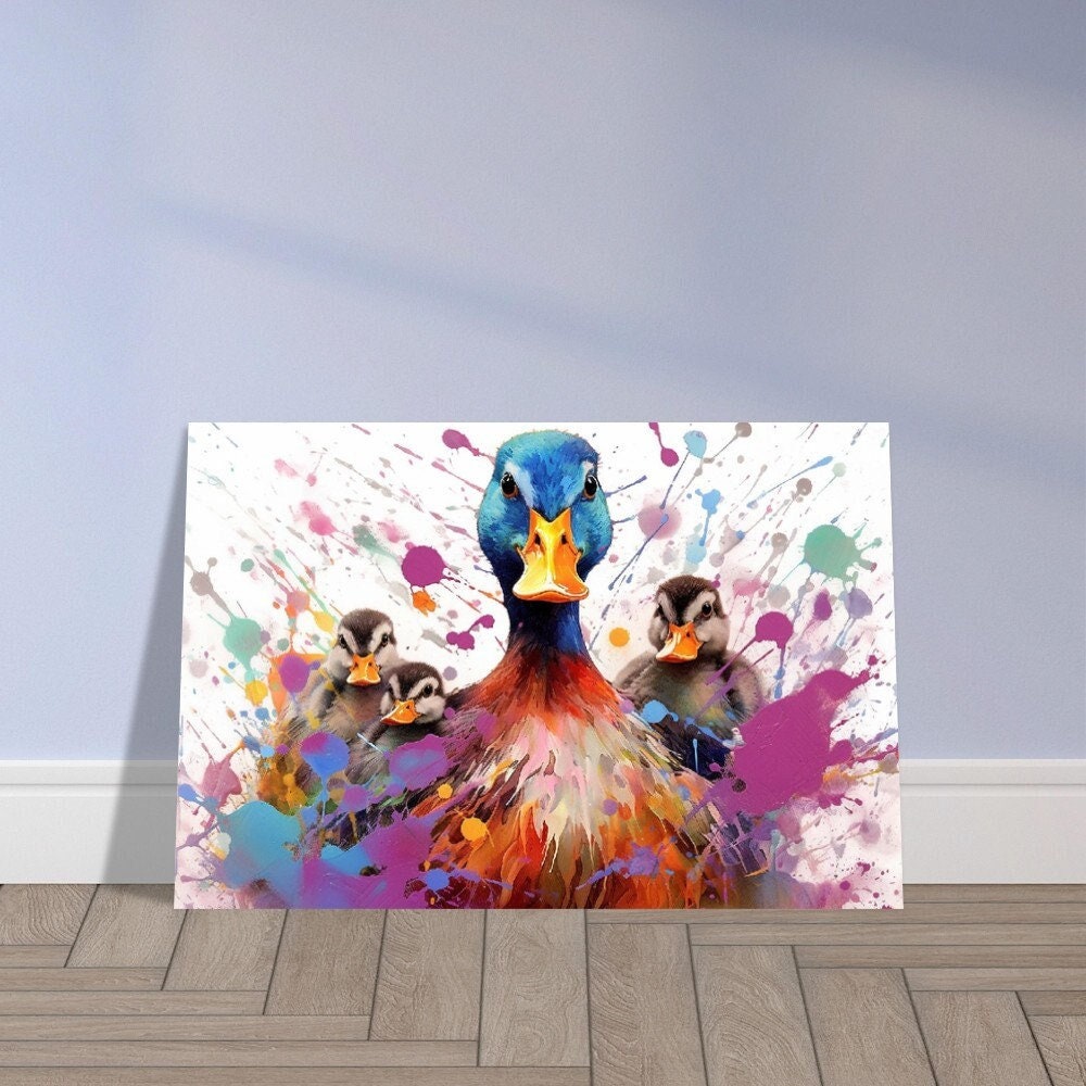 Colorful Mother Duck and Ducklings Poster. Rainbow Animal Wall Art Floral Print. Gift for duck lover, farmer, mom. Bathroom, Office Print - CanvasityCrafts - Free Shipping