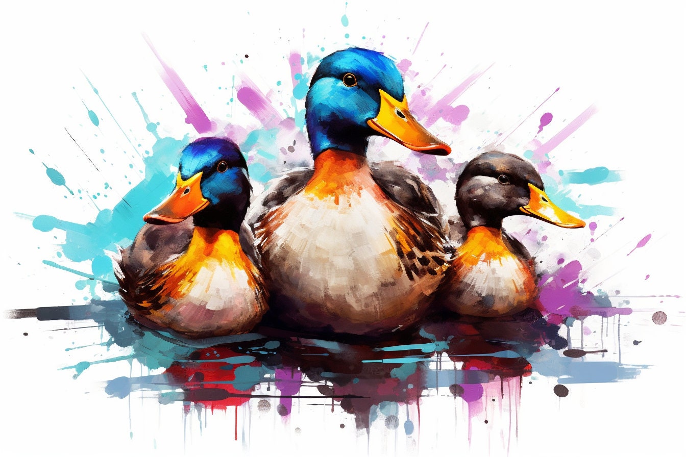 Colorful Mother Duck and Ducklings Poster. Rainbow Animal Wall Art Floral Print. Gift for duck lover, farmer, mom. Bathroom, Office Print - CanvasityCrafts - Free Shipping