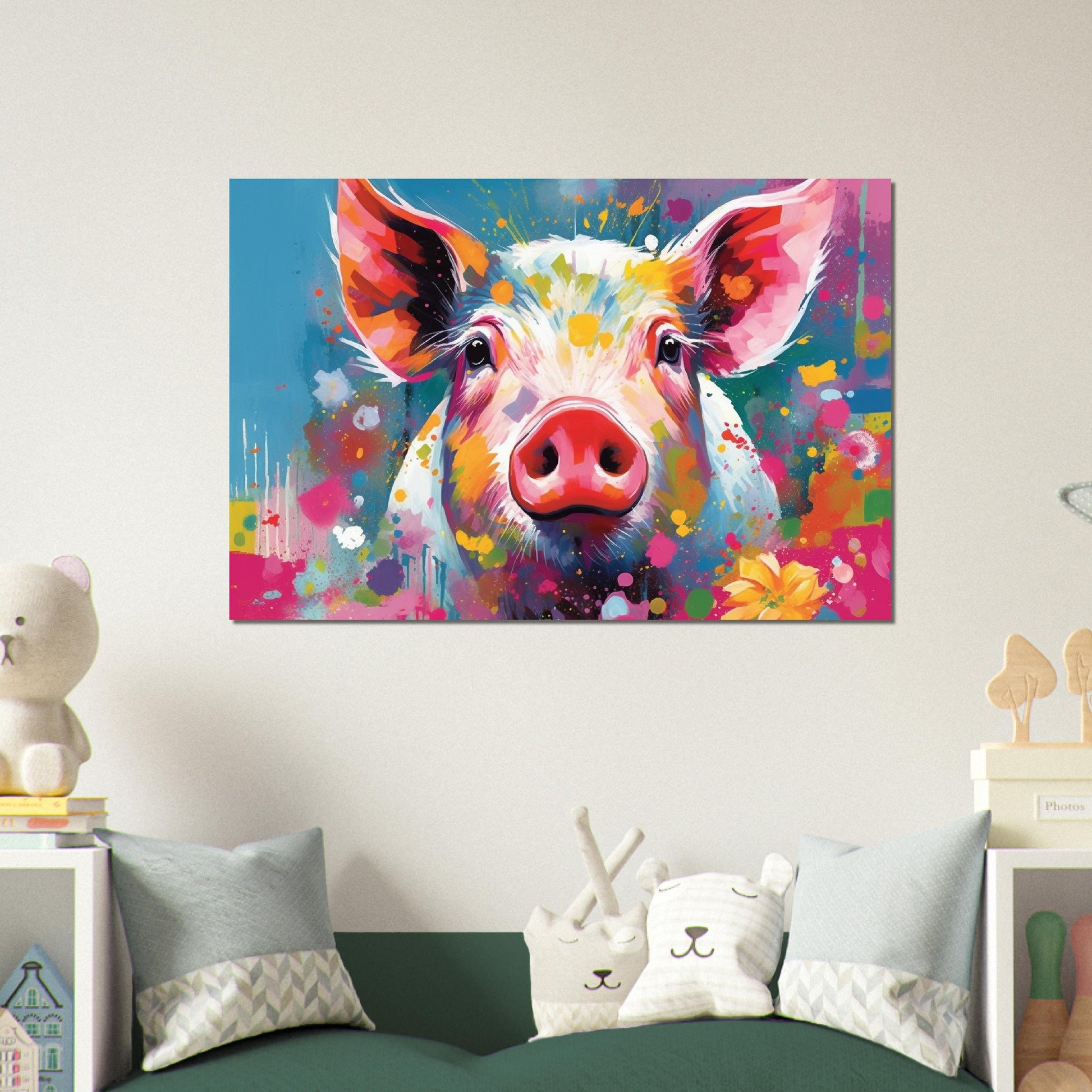 Colorful Pig Poster. Rainbow Animal Wall Art Floral Print. Gift for piglet lover, farmer, mom. Nursery Print, Bedroom Bathroom Office Art - CanvasityCrafts - Free Shipping