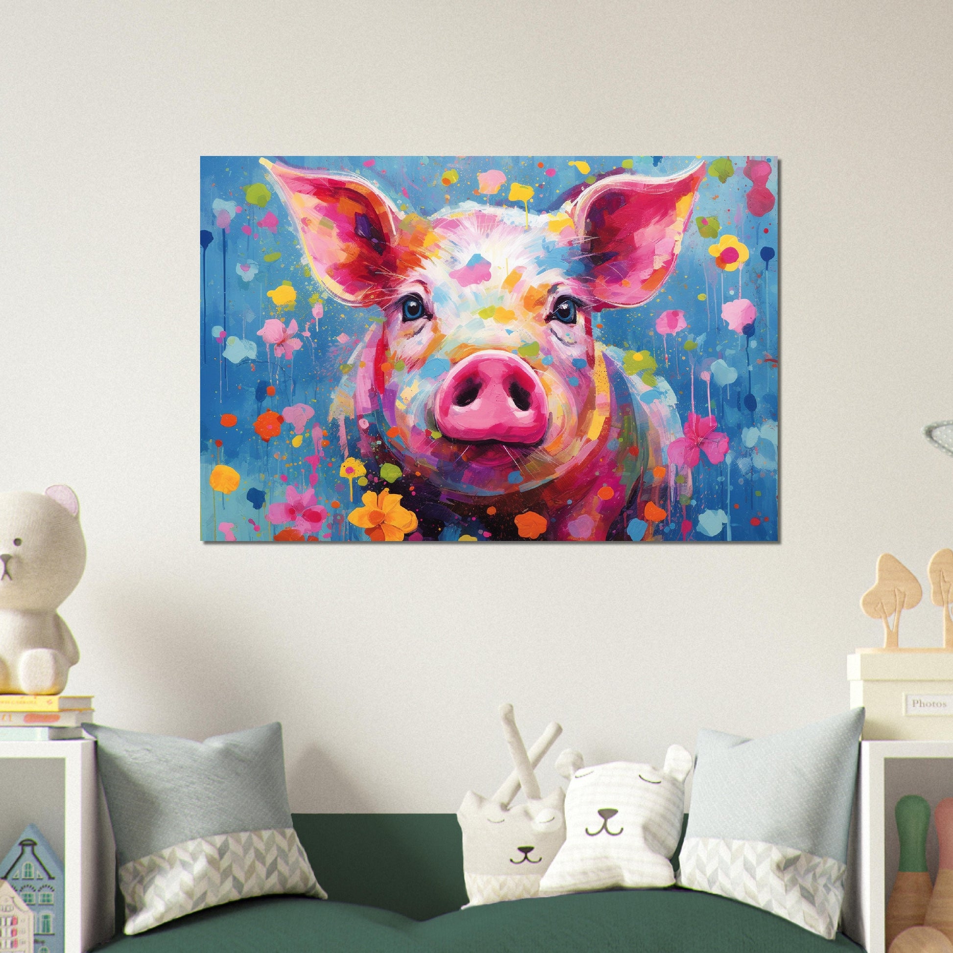 Colorful Pig Poster. Rainbow Animal Wall Art Floral Print. Gift for piglet lover, farmer, mom. Nursery Print, Bedroom Bathroom Office Art - CanvasityCrafts - Free Shipping