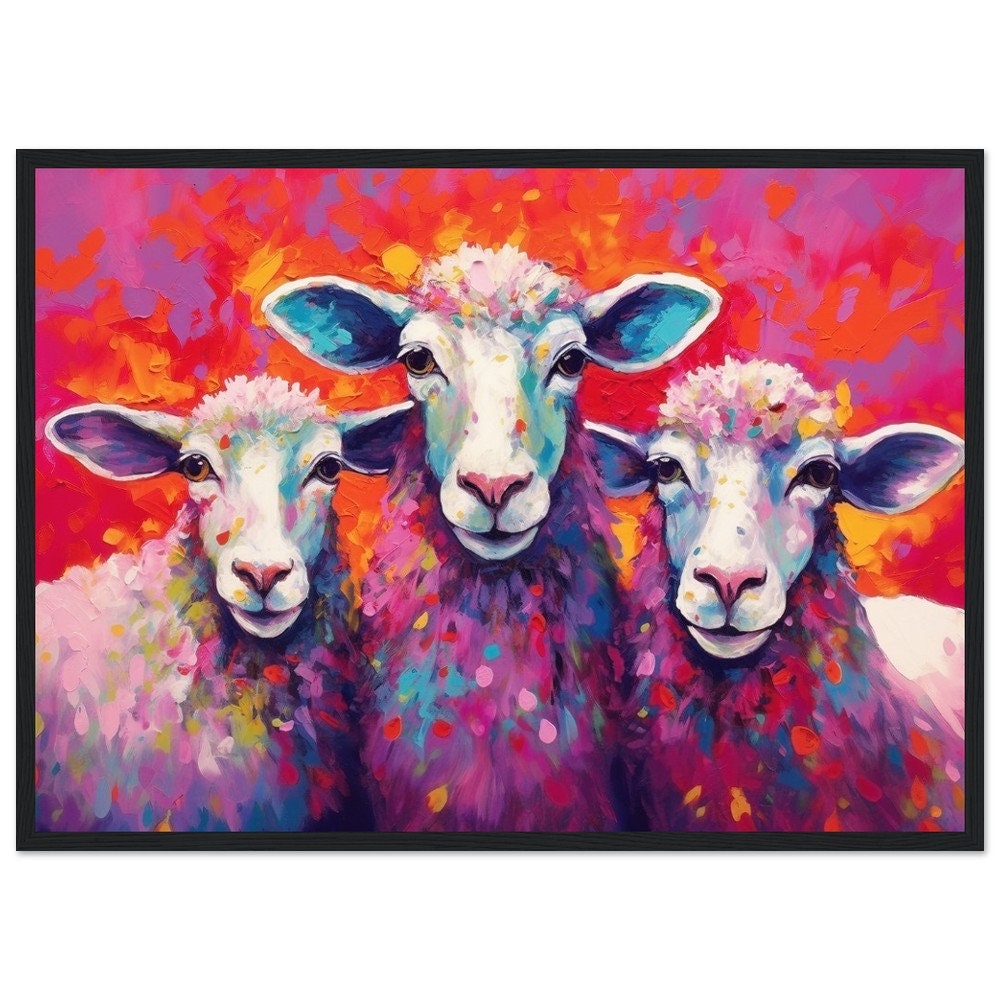 Three Colorful Sheep Framed Art - Colorful Animal Wall Art Print. Gift for Farmer, Dad, Grandad, Mum. Farm Nursery Print - CanvasityCrafts - Free Shipping