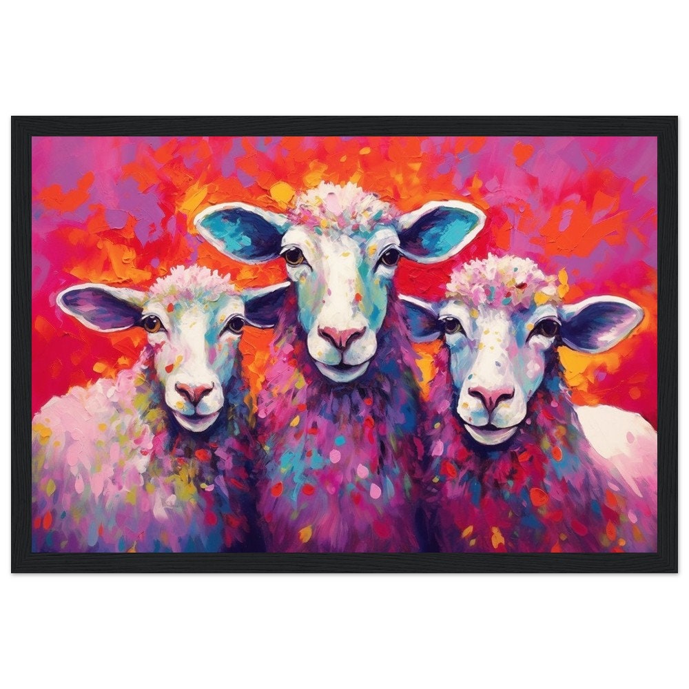 Three Colorful Sheep Framed Art - Colorful Animal Wall Art Print. Gift for Farmer, Dad, Grandad, Mum. Farm Nursery Print - CanvasityCrafts - Free Shipping