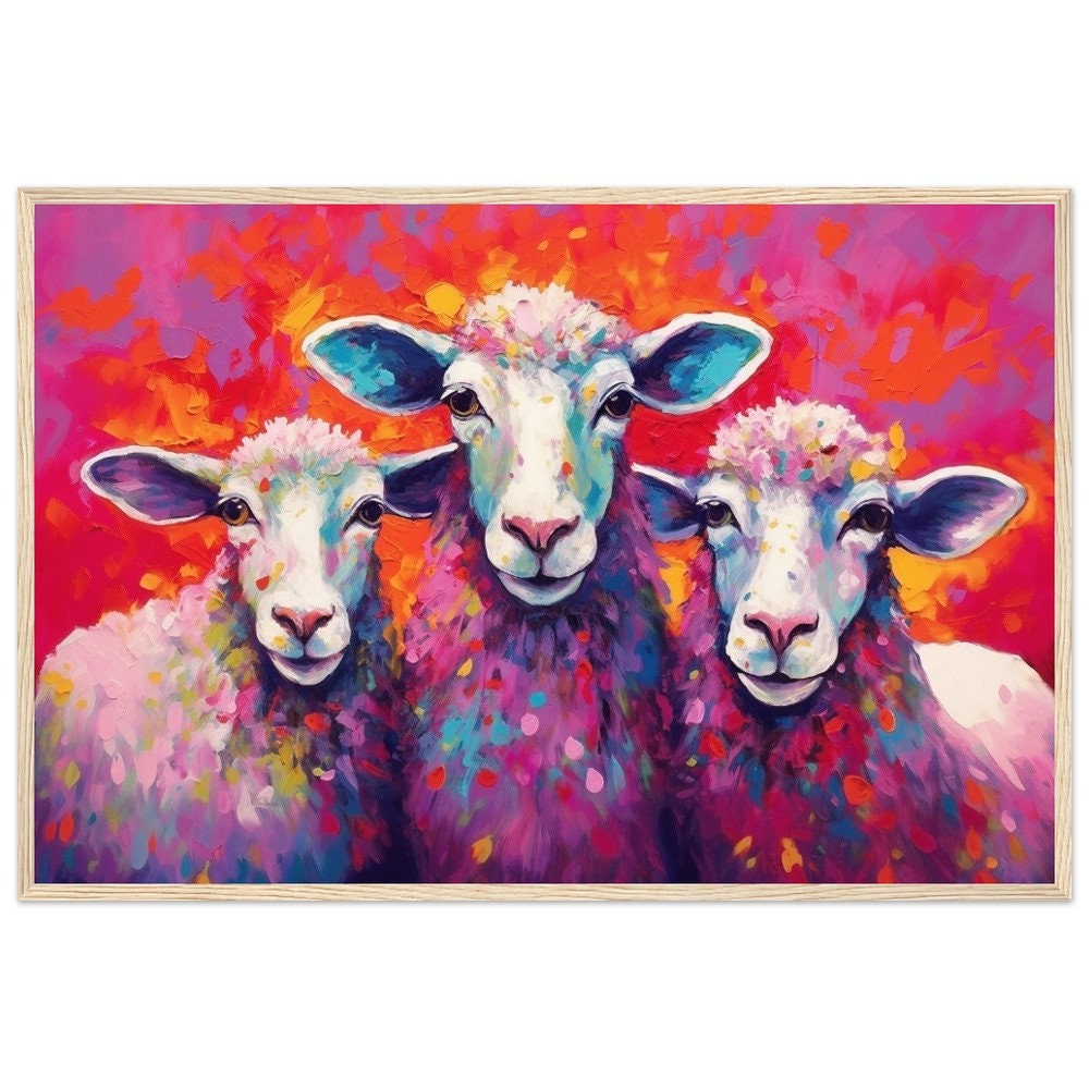 Three Colorful Sheep Framed Art - Colorful Animal Wall Art Print. Gift for Farmer, Dad, Grandad, Mum. Farm Nursery Print - CanvasityCrafts - Free Shipping