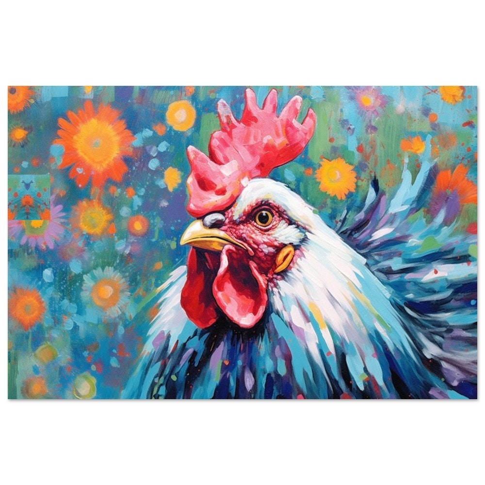 Colorful Rooster Poster. Rainbow Animal Wall Art Floral Print. Gift for hen lover, farmer, mom. Nursery Print, Bedroom Bathroom Office Art - CanvasityCrafts - Free Shipping