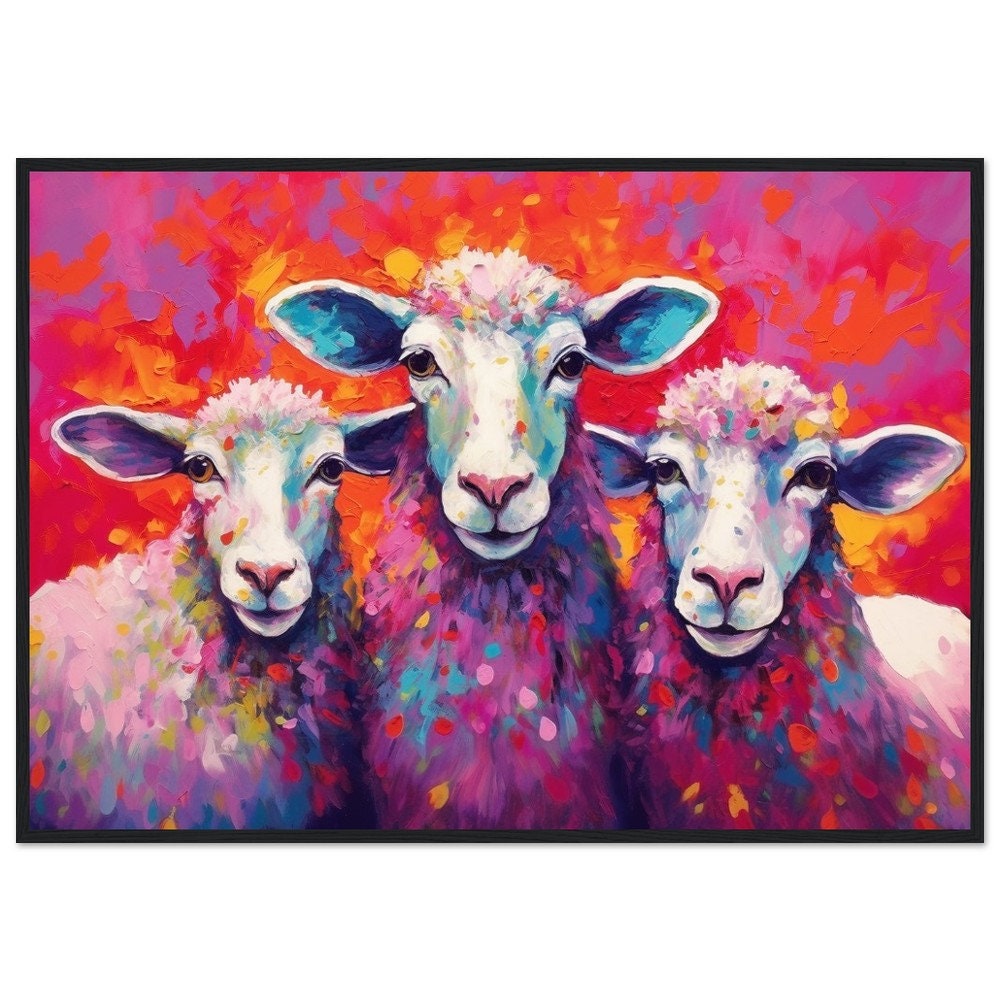 Three Colorful Sheep Framed Art - Colorful Animal Wall Art Print. Gift for Farmer, Dad, Grandad, Mum. Farm Nursery Print - CanvasityCrafts - Free Shipping