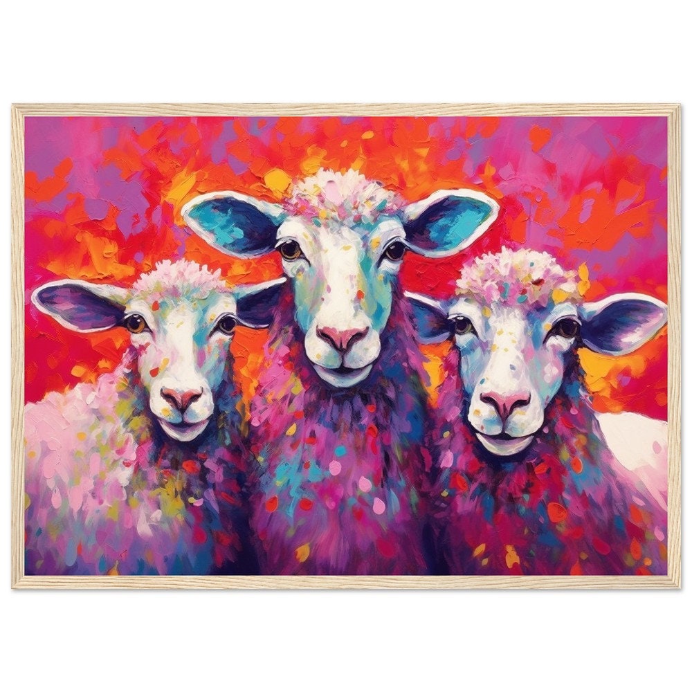 Three Colorful Sheep Framed Art - Colorful Animal Wall Art Print. Gift for Farmer, Dad, Grandad, Mum. Farm Nursery Print - CanvasityCrafts - Free Shipping