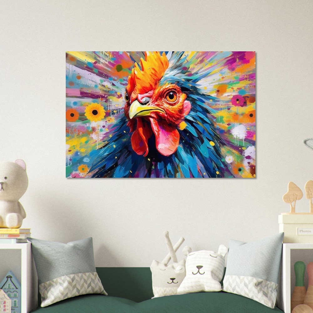 Colorful Rooster Poster. Rainbow Animal Wall Art Floral Print. chicken lover, farmer, mom gift. Nursery Print, Bedroom Bathroom Office Art - CanvasityCrafts - Free Shipping