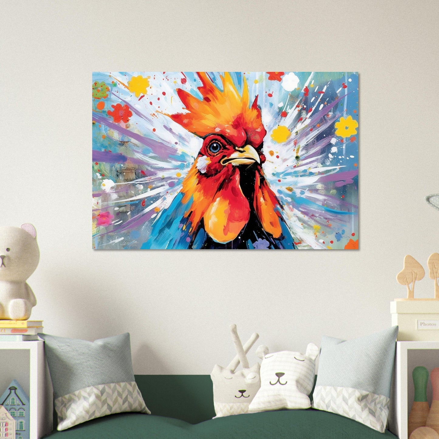 Colorful Rooster Poster. Rainbow Animal Wall Art Floral Print. Gift for hen lover, farmer, mom. Nursery Print, Bedroom Bathroom Office Art - CanvasityCrafts - Free Shipping