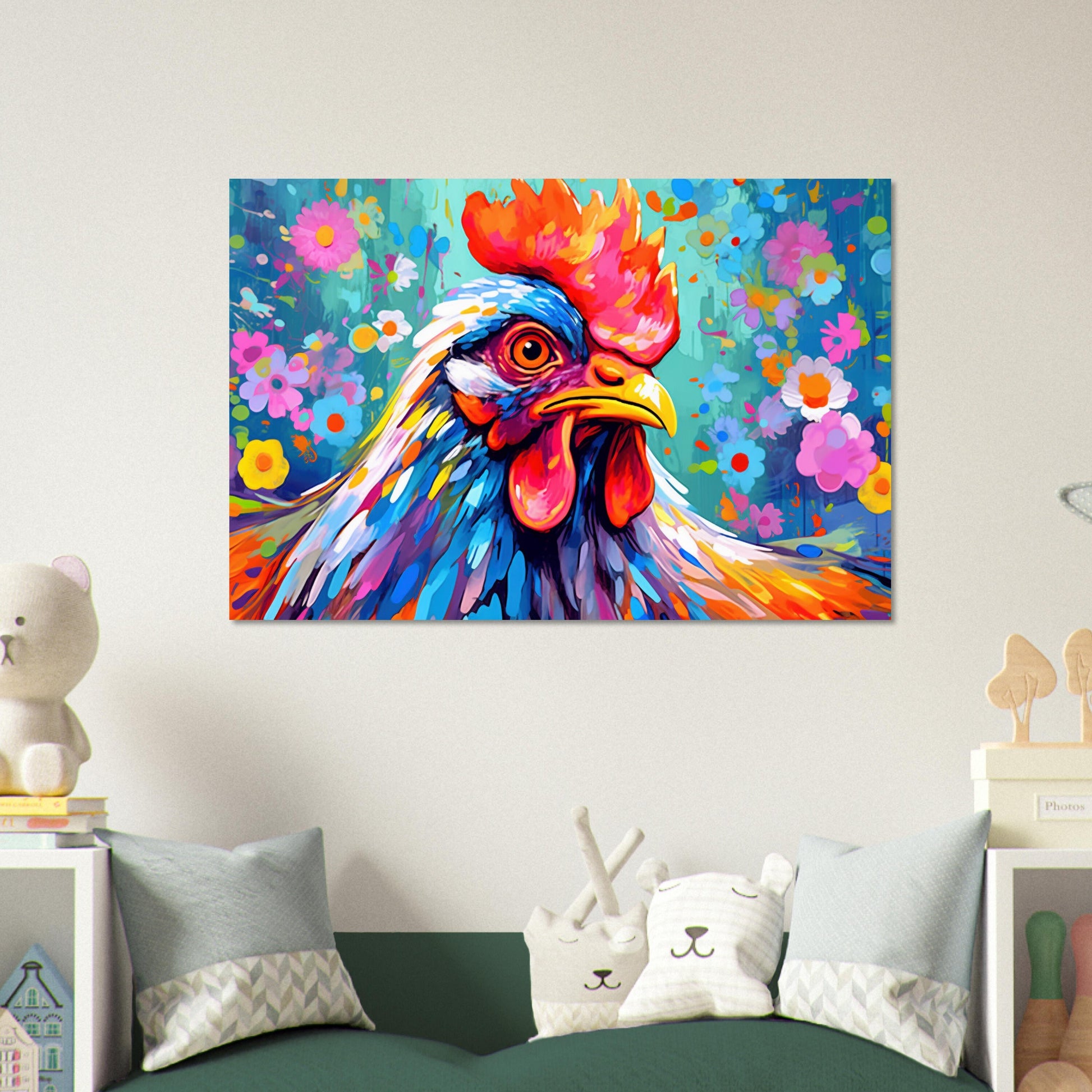 Colorful Rooster Poster. Rainbow Animal Wall Art Floral Print. chicken lover gift, farmer, mom. Nursery Print, Bedroom Bathroom Office Art - CanvasityCrafts - Free Shipping