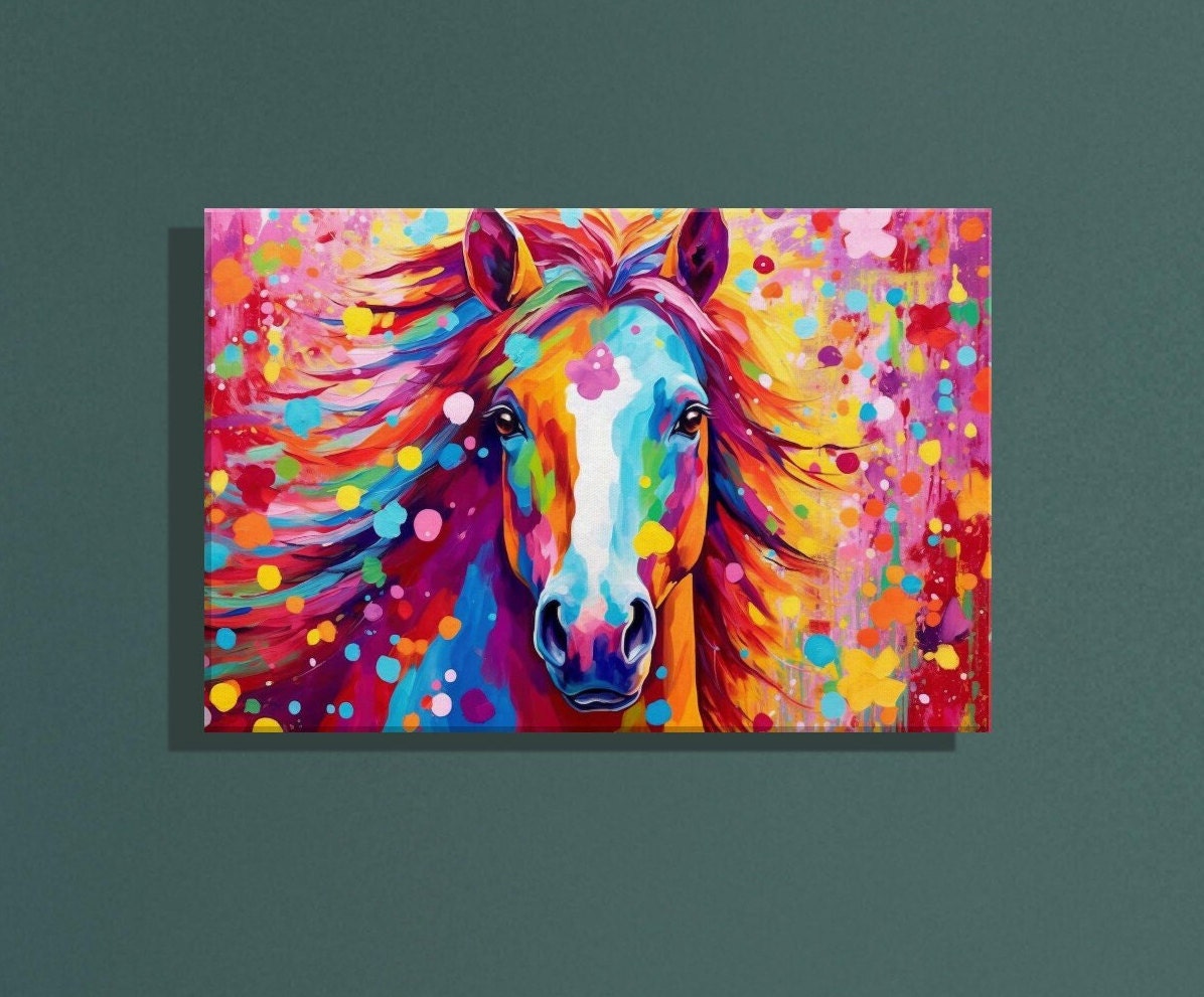 Colorful Horse Canvas Wall Art Print Picture for Equestrian Lovers, Home Office, Living Room Decor, Horse Rider, Farmer, Mom. Farm Art - CanvasityCrafts - Free Shipping