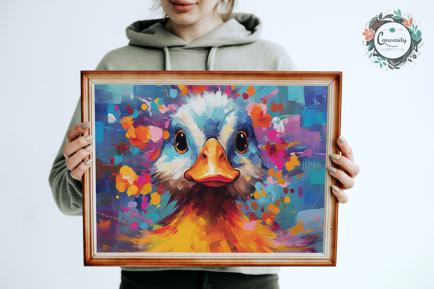 Colorful Baby Duck Poster. Rainbow Animal Wall Art Floral Print. Gift for duckling lover, farmer, mom. Nursery Print, Bathroom Bedroom Art - CanvasityCrafts - Free Shipping