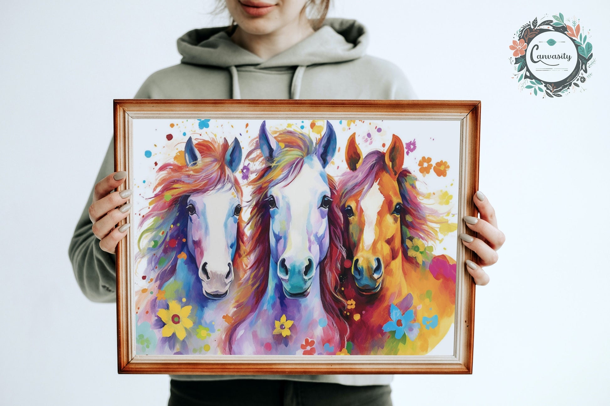 Three Colorful Horses with Flowers Poster. Colorful Animal Wall Art Floral Print. Gift for horse rider, farmer, mom. Farm Nursery Print - CanvasityCrafts - Free Shipping