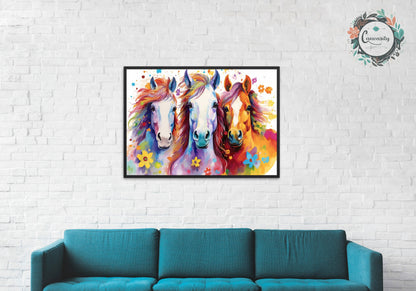 Three Colorful Horses with Flowers Poster. Colorful Animal Wall Art Floral Print. Gift for horse rider, farmer, mom. Farm Nursery Print - CanvasityCrafts - Free Shipping