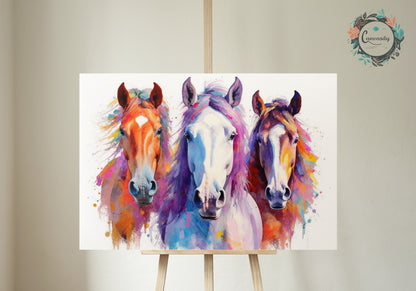 Three Colorful Horses Poster. Colorful Animal Wall Art Print. Gift for horse rider, farmer, mom. Farm Nursery Print - CanvasityCrafts - Free Shipping