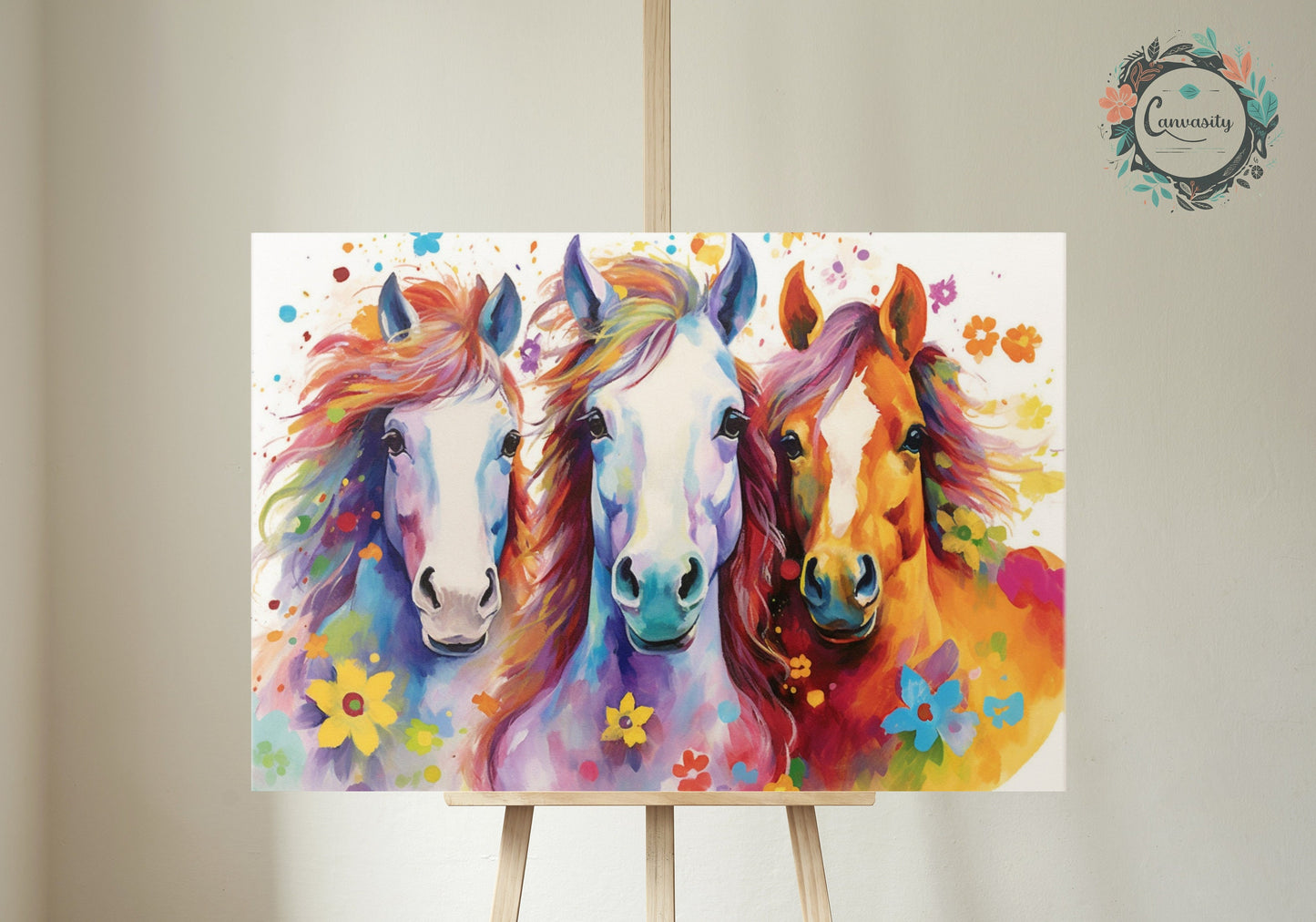 Three Colorful Horses with Flowers Poster. Colorful Animal Wall Art Floral Print. Gift for horse rider, farmer, mom. Farm Nursery Print - CanvasityCrafts - Free Shipping