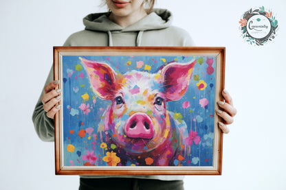 Colorful Pig Poster. Rainbow Animal Wall Art Floral Print. Gift for piglet lover, farmer, mom. Nursery Print, Bedroom Bathroom Office Art - CanvasityCrafts - Free Shipping