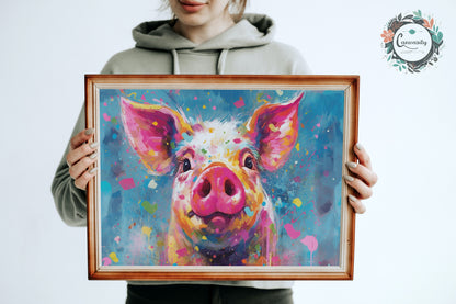 Colorful Pig Poster. Rainbow Animal Wall Art Floral Print. Gift for piglet lover, farmer, mom. Nursery Print, Bedroom Bathroom Office Art - CanvasityCrafts - Free Shipping