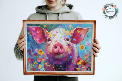 Colorful Pig Poster. Rainbow Animal Wall Art Floral Print. Gift for piglet lover, farmer, mom. Nursery Print, Bedroom Bathroom Office Art - CanvasityCrafts - Free Shipping