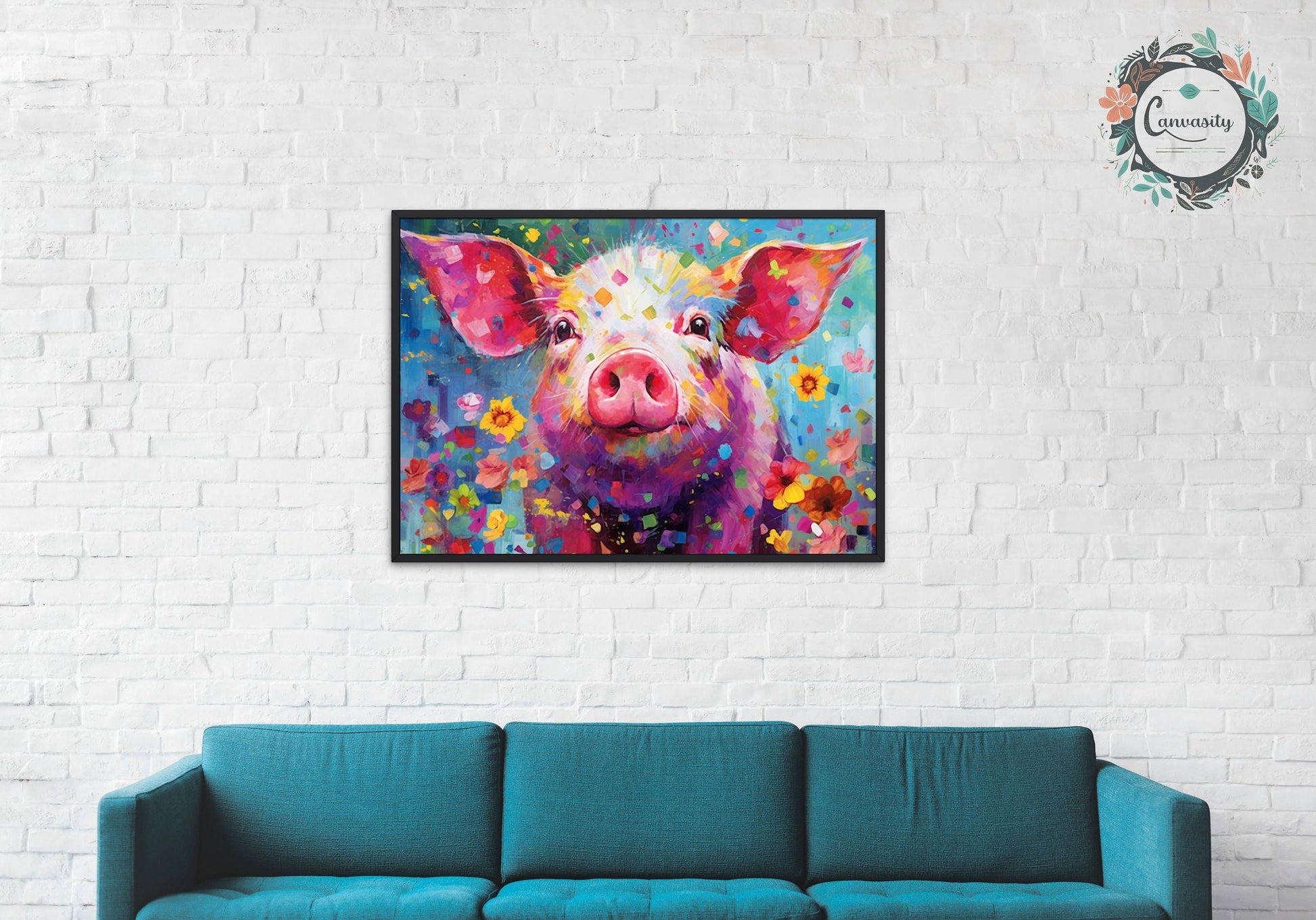 Colorful Pig Poster. Rainbow Animal Wall Art Floral Print. Gift for piglet lover, farmer, mom. Nursery Print, Bedroom Bathroom Office Art - CanvasityCrafts - Free Shipping