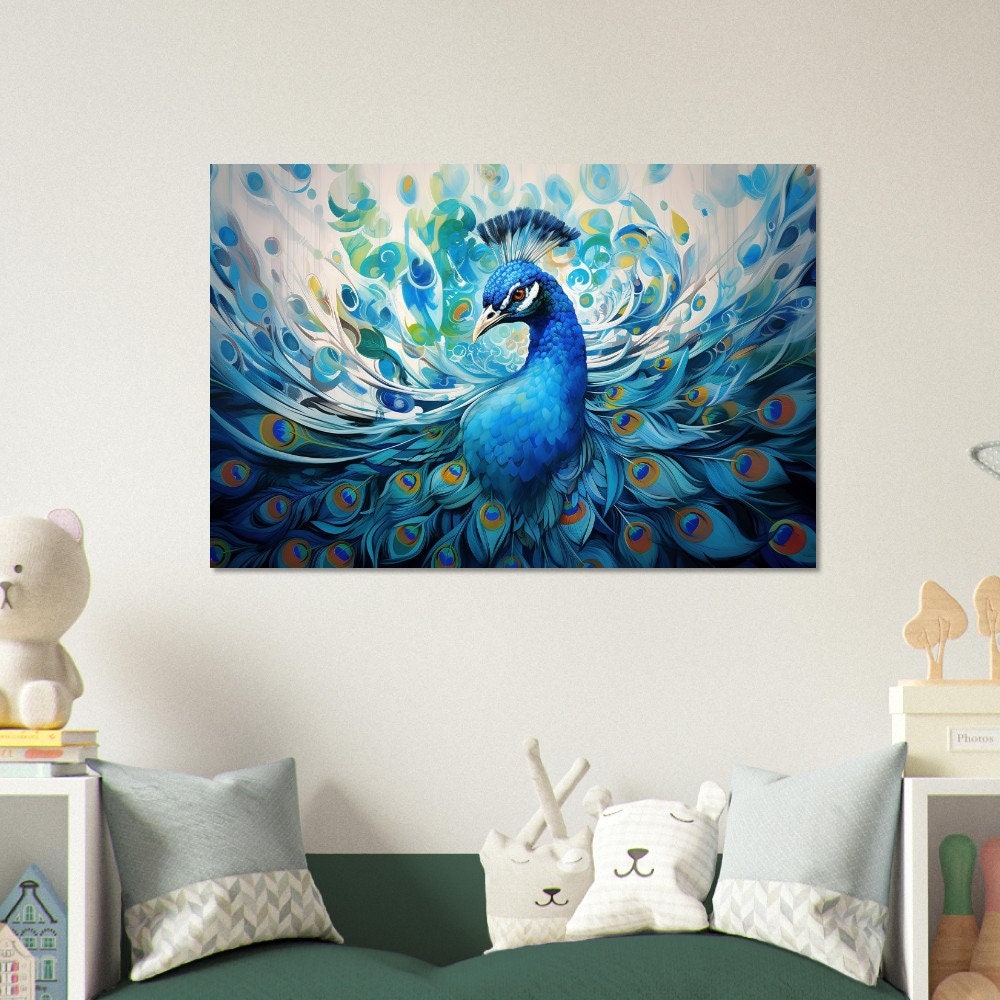 Incredible Peacock Wall Art Print - Unframed Colorful Blue Swirls Gift for Bird Lovers, Farmer, Mom or Dad, Bird Painting - CanvasityCrafts - Free Shipping