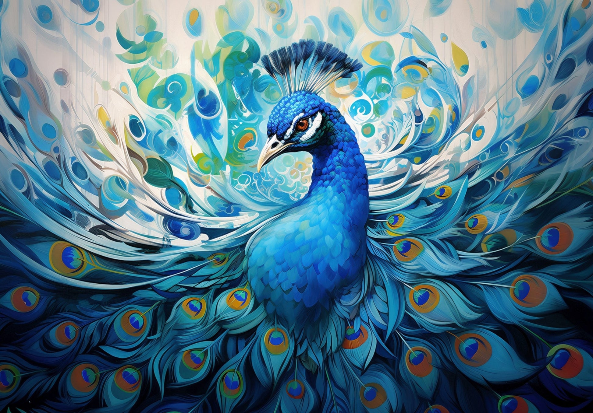 Incredible Peacock Wall Art Print - Unframed Colorful Blue Swirls Gift for Bird Lovers, Farmer, Mom or Dad, Bird Painting - CanvasityCrafts - Free Shipping