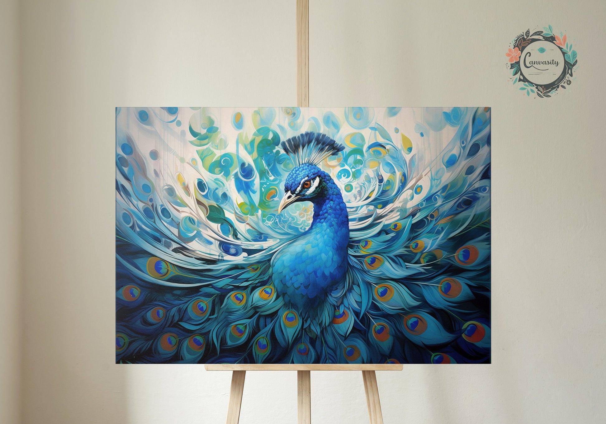 Incredible Peacock Wall Art Print - Unframed Colorful Blue Swirls Gift for Bird Lovers, Farmer, Mom or Dad, Bird Painting - CanvasityCrafts - Free Shipping