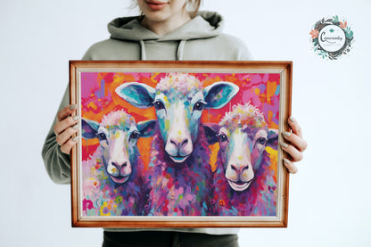 Three Colorful Sheep Poster. Colorful Animal Wall Art Print. Gift for Farmer, Dad, Grandad, Mum. Farm Nursery Print - CanvasityCrafts - Free Shipping