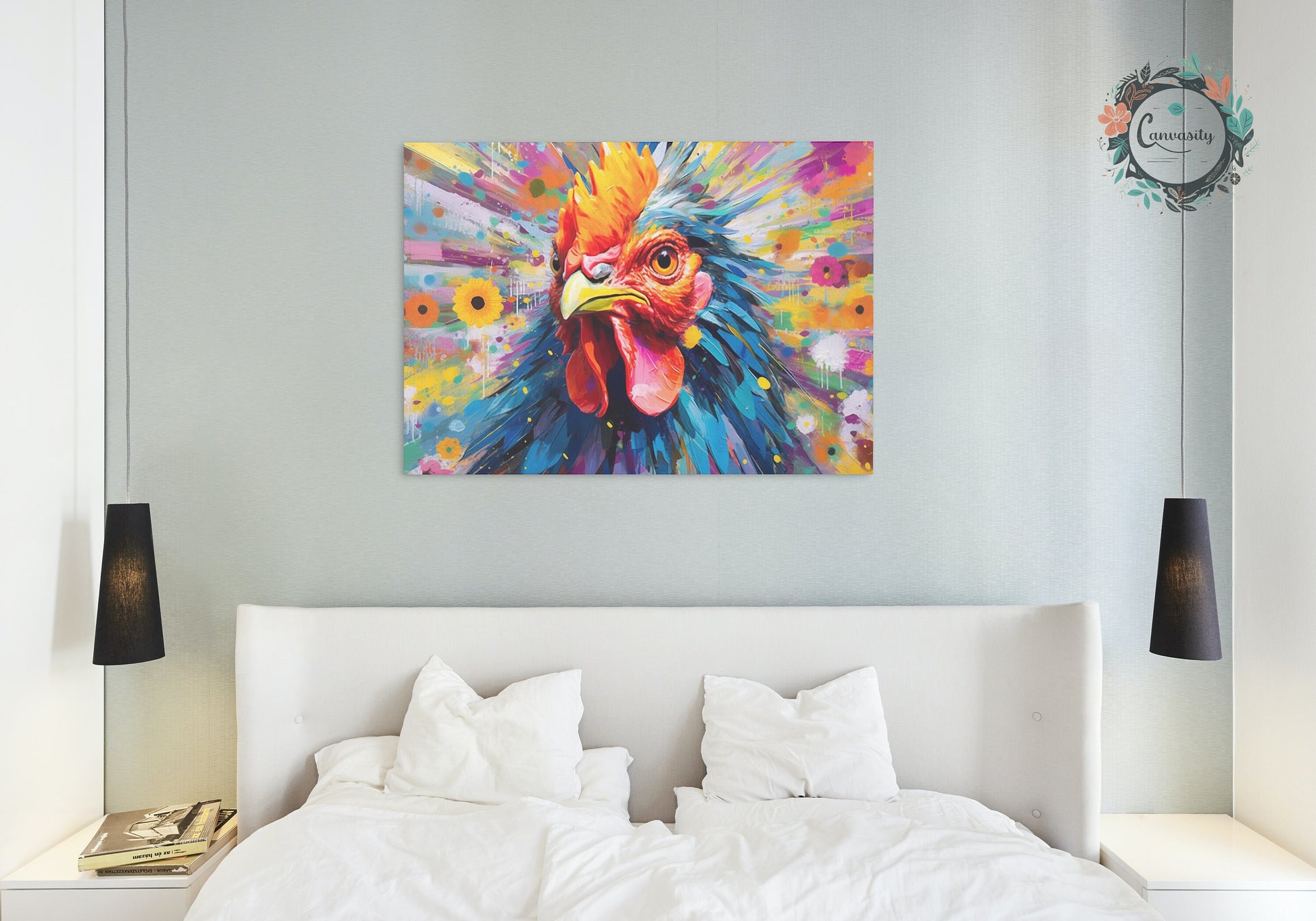 Colorful Rooster Canvas Wall Art Print Picture for Farmers, Home Office, Living Room Decor, Dad, Mom. Chicken Farm Art - CanvasityCrafts - Free Shipping