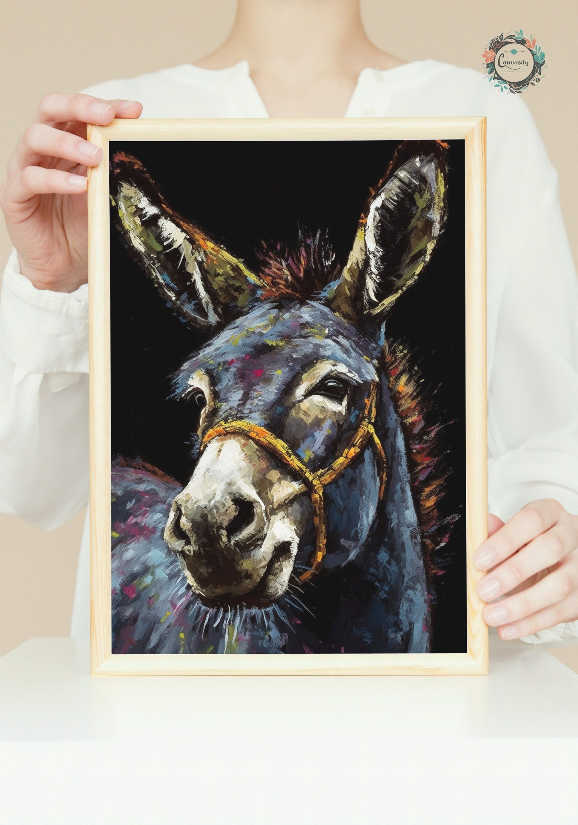 Happy Donkey Beautiful Premium Print - Unframed Pallet Knife Style Poster - Wildlife Animal Wall Art, Farm Animal, Farmer Gift - CanvasityCrafts - Free Shipping