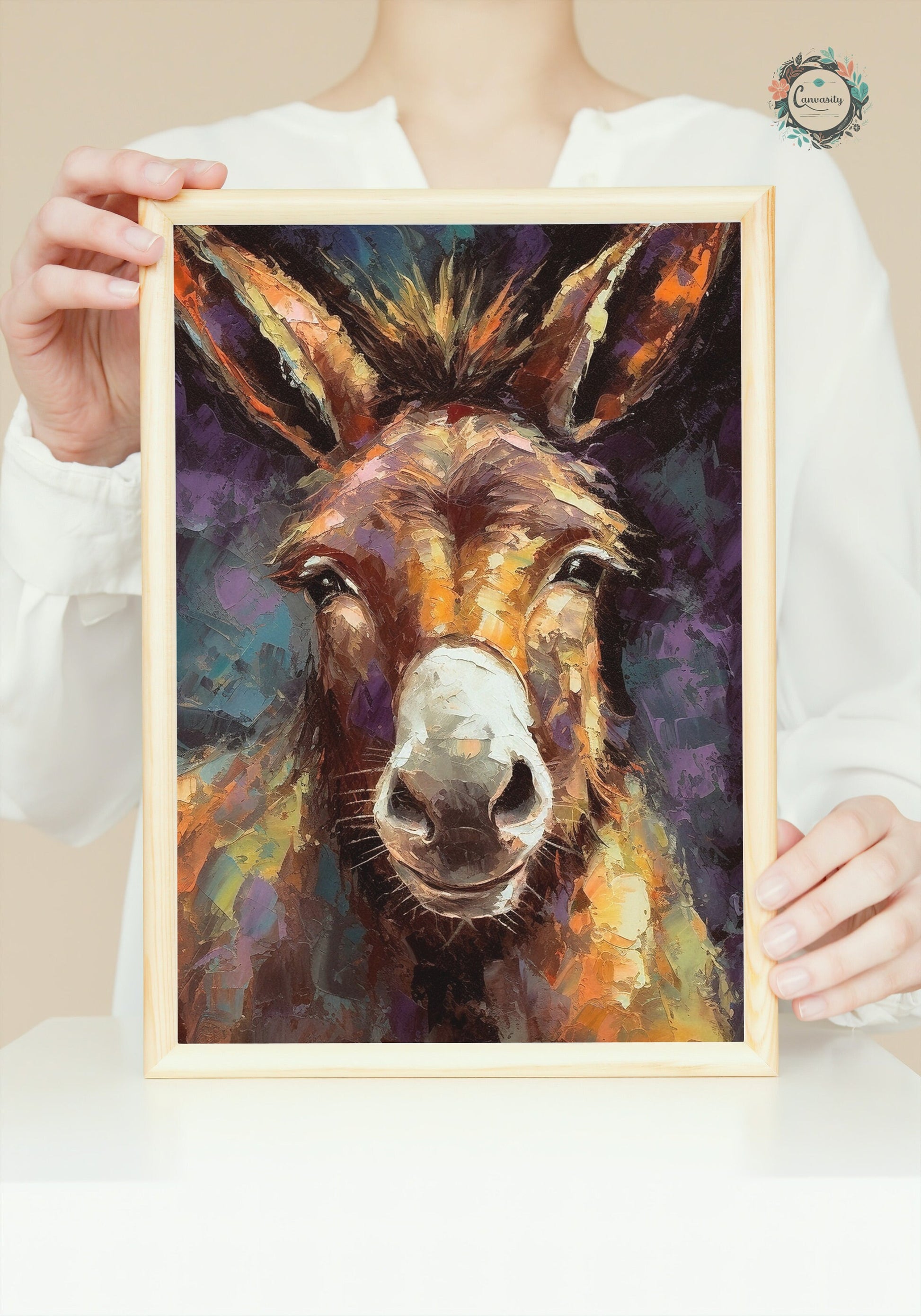 Happy Donkey Beautiful Premium Print - Unframed Pallet Knife Style Poster - Wildlife Animal Wall Art, Farm Animal, Farmer Gift - CanvasityCrafts - Free Shipping